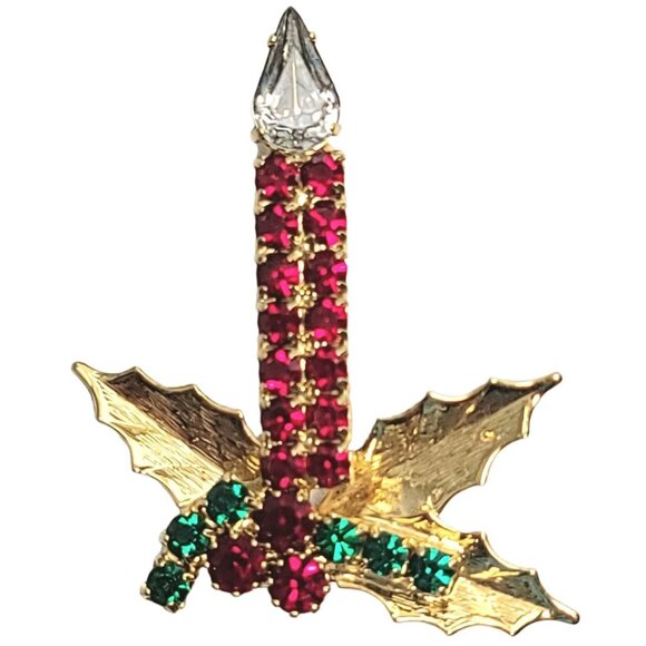 Gold-Tone Red Prong set Rhinestone Holly Berry Candle Pin Brooch - Picture 1 of 8